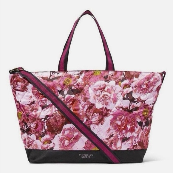 Victoria's Secret Handbags - Victoria’s Secret Pink Floral Flower Quilted Nylon Weekender Tote Bag